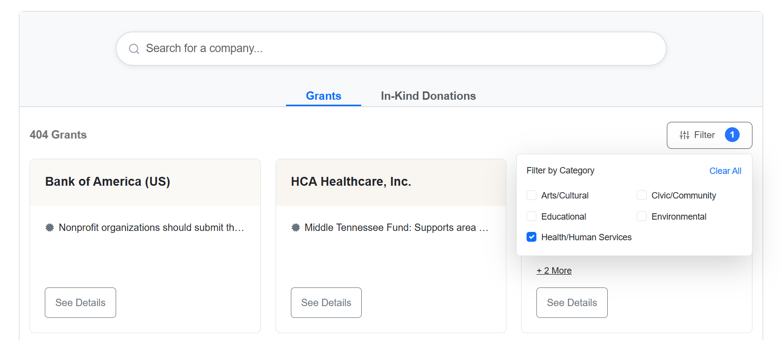 Filtering corporate grants by mission or vertical with Double the Donation's database