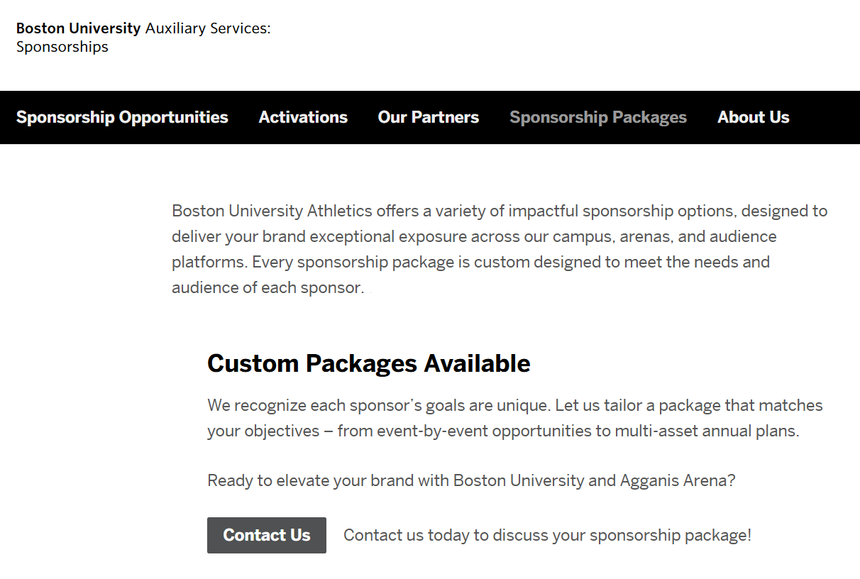 Getting corporate sponsors for university events by offering customizable packages.